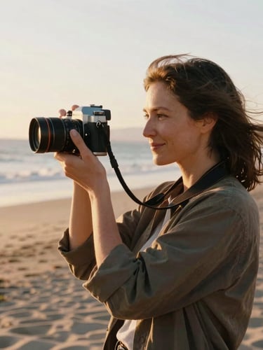 Candid portrait of a female photographer, mid-30s, with wind-swept hair, holding a film camera, smiling softly while looking out at a golden-hour coastal landscape, warm sun-drenched light, 35mm film