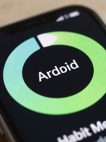 Extreme close-up macro shot of a crisp Android interface showing a habit tracker widget with vibrant neon mint accents, diffused daylight.