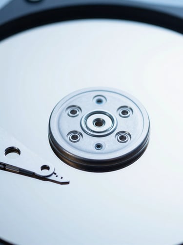 Macro close-up of a hard drive head replacement tool hovering over a polished magnetic platter, sterile metallic blue tones, sharp focus on the micro-actuator arm.