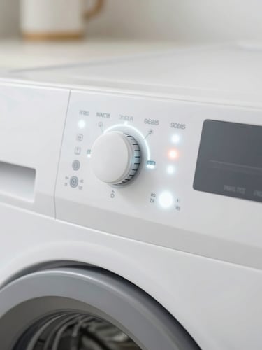 Macro detail of a high-end washer control panel with clean glowing LED indicators, sharp focus on technical details, bright clinical indoor lighting