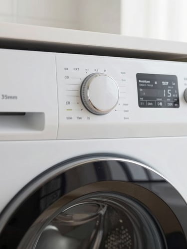 A crisp macro shot of a modern luxury washer control panel, bright high-key indoor light, clean neutral tones, sharp focus, 35mm