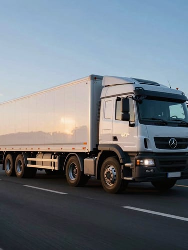 Wide environmental shot of a clean modern transport rig in motion on a highway during early morning blue hour, high-contrast natural light