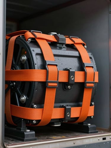 Close-up macro shot of heavy-duty orange cargo straps securing industrial machinery inside a transport trailer, high-contrast industrial lighting