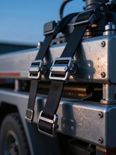 Close-up of a heavy-duty transport truck strap securing industrial machinery, blue hour light casting sharp metallic reflections, shallow depth of field.