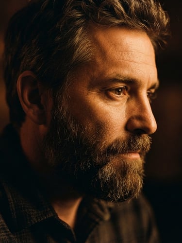 Intimate close-up of a bearded man's profile in warm low-key amber lighting, rich copper shadows, tactile 35mm film texture, authentic and non-pornographic.