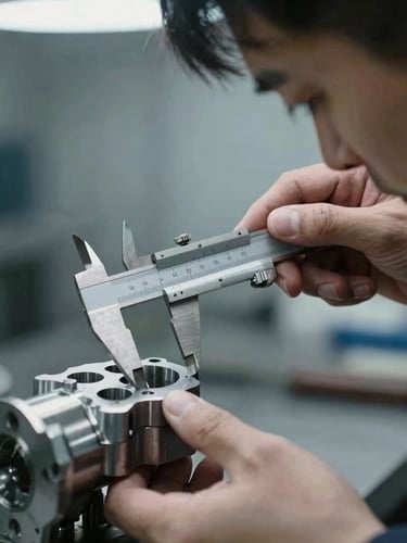 Close-up portrait of a skilled machinist inspecting a complex metal part with calipers, cool industrial lighting, sharp focus on hands and part, clean shop environment in background, 50mm lens.