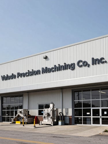 Exterior view of Valade Precision Machining Co., Inc. facility in Eastpointe, Michigan, industrial architecture under a clear sky, wide shot.