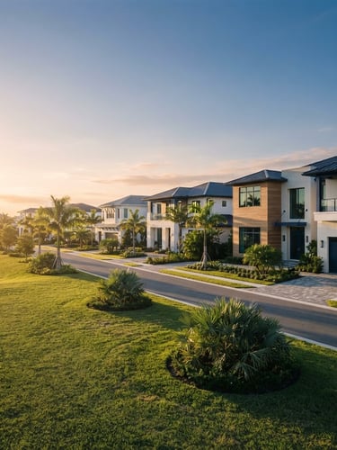 Wide environmental medium-format architectural photograph of a pristine, upscale residential community in Florida, soft morning golden-hour sunlight casting long shadows across manicured lawns and clean modern facades, deep navy and warm gold tones, negative space on the left.