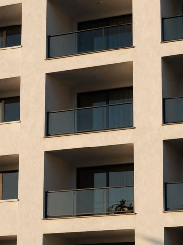 Architectural close-up of a modern residential facade in Florida, clean lines, warm morning sunlight, deep navy shadow details, medium format