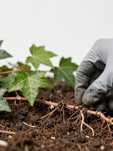A macro detail shot of a gloved hand carefully tracing a thick poison ivy root system in rich soil, crisp editorial photography, bright overcast daylight, shallow depth of field, 35mm.