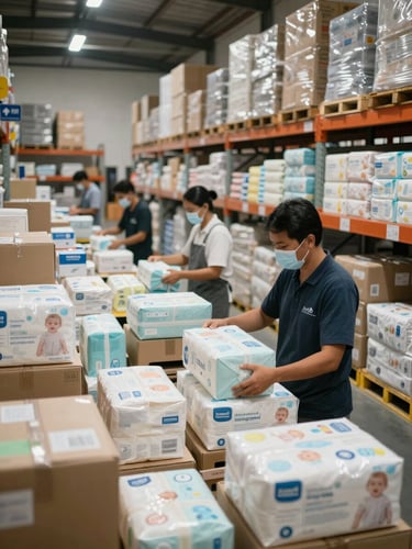 Wide environmental shot of a clean, highly organized modern warehouse in Jakarta with staff carefully packing premium baby products under soft diffused lighting.