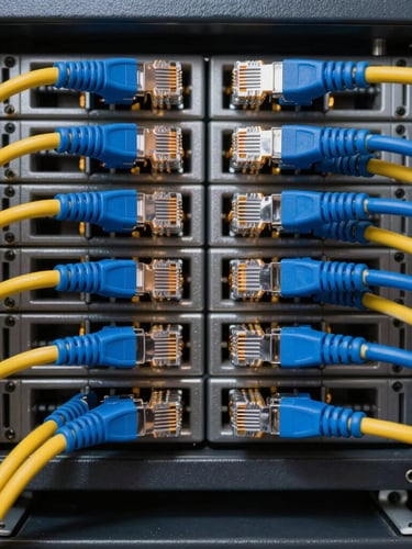 Symmetrical straight-on macro shot of perfectly organized blue and yellow ethernet cables routed neatly into a server rack, crisp industrial lighting, cool slate tones