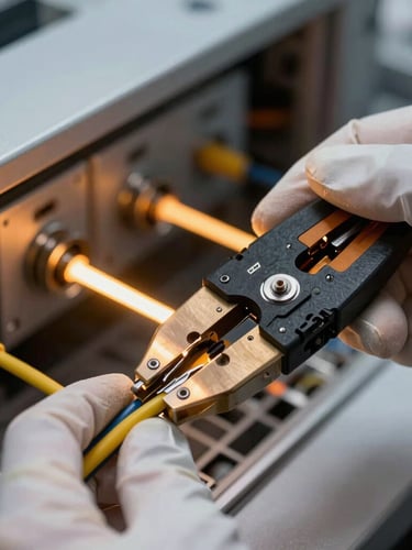 Close-up of a technician wearing clean safety gear crimping an ethernet cable with high-contrast directional amber lighting, industrial-precision modernism, sharp detail