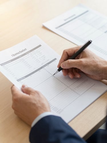 Close-up of a billing specialist's hands reviewing structured financial reports on a wooden desk under warm, soft natural office light, 35mm
