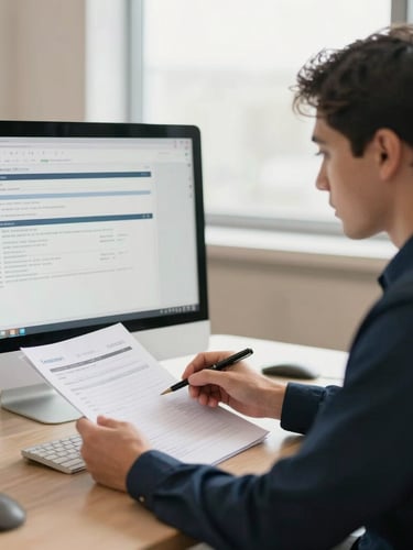 A professional billing specialist analyzing structured reports on a screen under soft natural office light, warm sand and navy tones, 35mm editorial.
