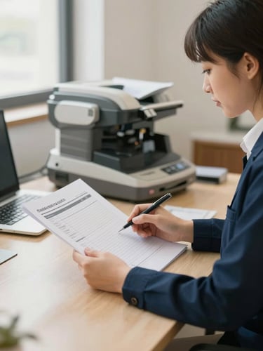 A professional billing specialist reviewing structured health reports in a warm, naturally lit office, soft navy tones, editorial 35mm