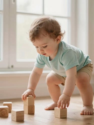 A young toddler carefully balancing on low wooden blocks under soft warm window light, candid moment, pastel tones, shallow depth of field, warm editorial photography.