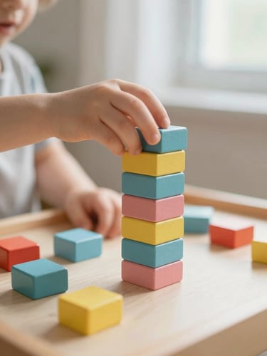 Close-up of a child's hands carefully stacking colorful wooden blocks on a light table, soft natural window light, warm editorial style