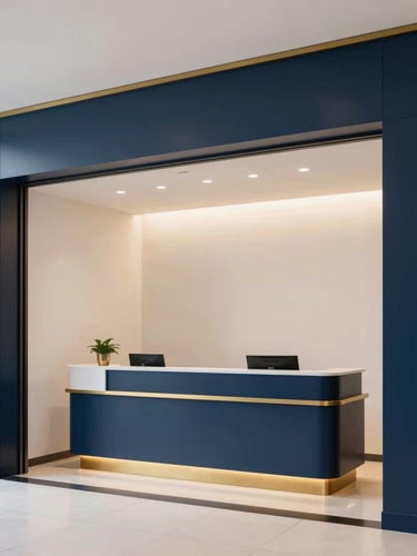 Secure modern hostel entrance lobby, professional reception desk, bright and clean architectural interior, subtle navy and gold accents