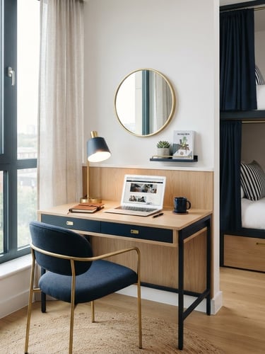Bright architectural photography of a modern hostel room interior, clean study desk with a lamp, natural window light, navy accents, 35mm.