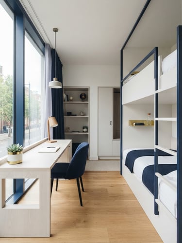 Bright modern hostel room interior with a clean study desk, natural window light, navy blue accents, high-end architectural photography, 35mm