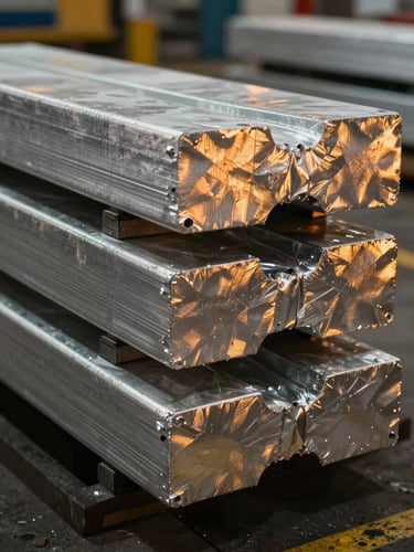 Extreme close-up of stacked aluminum ingots on a production floor, tungsten lighting casting warm amber highlights across the textured metallic surfaces, industrial facility visible in soft focus behind
