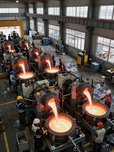 Overhead wide shot of an aluminum casting production line in a Minas Gerais industrial facility, workers in safety gear at casting stations, north-facing daylight filtering through high industrial windows, molten material flowing into molds visible from above
