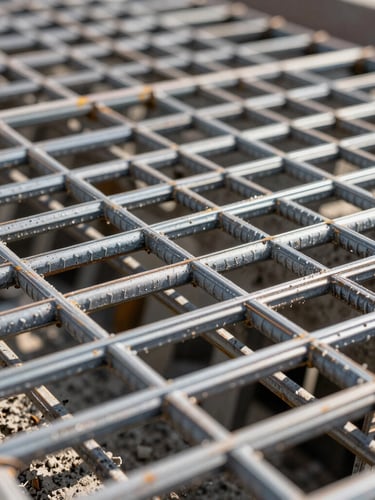 Extreme close-up of a perfectly tied rebar grid before a concrete pour, sharp metallic details under bright midday sun, structural precision.