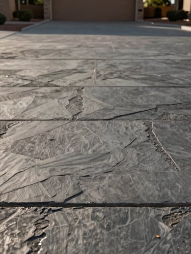 Low-angle portrait shot of a finished stamped concrete driveway, deep textured slate patterns catching the low sun, perfectly straight hand-troweled borders meeting the desert landscape.