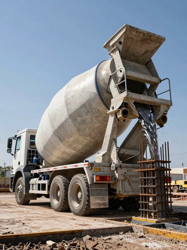 Low-angle shot of a massive concrete mixer truck discharging into a clean foundation formwork, steel reinforcement visible, harsh Texas sun.