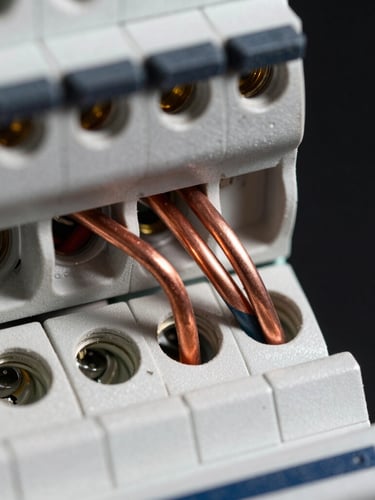 Macro close-up of clean copper wiring running into a brand new, neatly organized electrical breaker panel, sharp industrial photography, bright high-contrast directional light, metallic textures against deep black