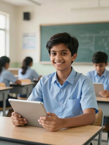 Eye-level medium shot of an Indian high school student smiling, holding a digital tablet in a bright, modern classroom with natural daylight and clean, organized desks.