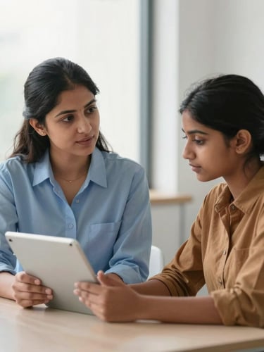 A professional female counselor advising a young Indian student in a bright, modern office with a digital tablet, natural window light, clean background.