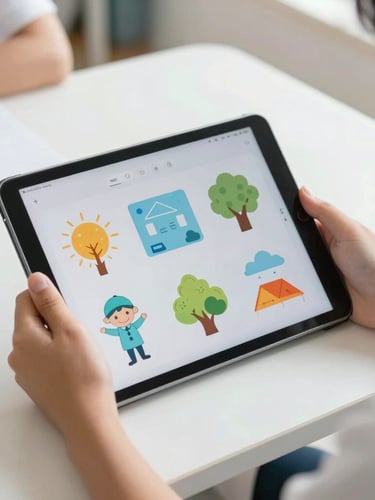 Close up of student hands holding a mobile tablet displaying colorful educational diagrams, bright high-key daylight, clean school desk environment.