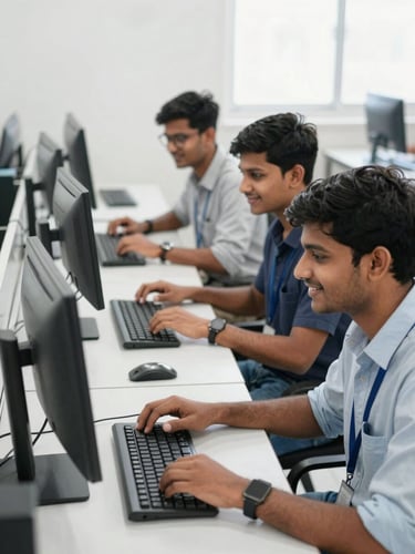 Eye-level shot of young Indian students in a bright, modern computer lab in Siwan, working on desktop computers with high-key natural light, smiling and collaborating.