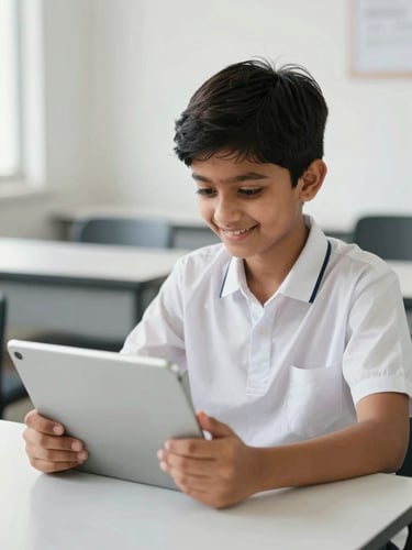 An Indian school student smiling while using a tablet for an online class, bright natural daylight, high-key exposure, clean modern desk background.