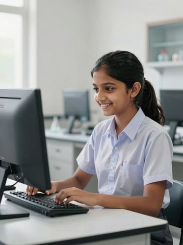 Eye-level medium shot of an Indian girl in a neat school uniform smiling while working on a modern computer in a bright, clean science laboratory, soft natural daylight, high-key exposure