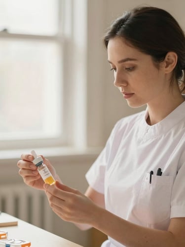 A quiet moment of professional focus as a female nurse prepares medication in a warm home setting, warm editorial photography, soft natural window light, gentle muted tones, shallow depth of field, 35mm