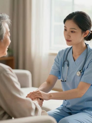 A professional nurse in a soft slate-blue uniform gently checking the pulse of an elderly patient in a warm-toned, sunlit living room, shallow depth of field, 35mm