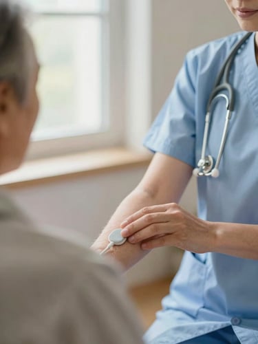 Close-up of a professional nurse gently checking the pulse of an elderly patient, warm editorial photography, soft natural window light, gentle muted tones, shallow depth of field, 35mm
