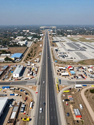 High-resolution aerial drone photography of active highway construction on the Yamuna Expressway corridor, clear bright daylight, wide-angle perspective showing scale and future airport proximity.