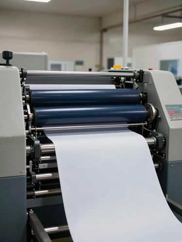 Wide shot of an industrial offset printing press in full operation, deep navy ink rollers turning, paper sheets feeding through in a production floor with high ceilings and neutral factory lighting, no people visible, machinery framing left edge of frame