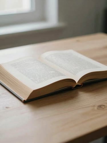 Detail of open vintage law books on a minimalist solid wood desk, soft natural morning light from a window, shallow depth of field, 35mm