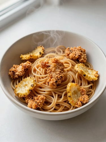 Overhead flat-lay of crispy Chicken Crunch Pickle scattered over a steaming bowl of noodles, natural window light, elegant ceramic bowl, minimalist styling, 50mm