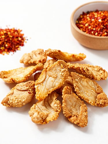 Overhead flat-lay of Chicken Crunch Pickle pieces beside natural spices, red chili flakes, and a small clay bowl, sharp textures, bright side-light