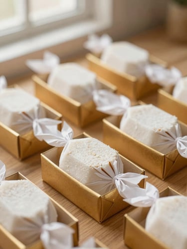 Close-up of elegant gift boxes filled with perfectly wrapped white coconut candies on a wooden surface, warm soft lighting, cozy artisanal feel.