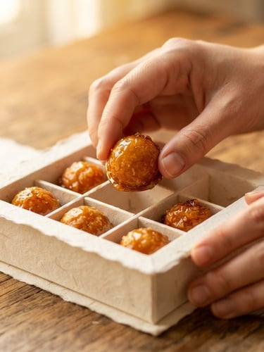 Macro close-up of hands placing glossy caramelized balas baianas into an elegant textured paper box on a rustic wooden table, soft warm kitchen window light, rich golden tones.