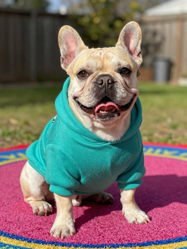 A happy small French Bulldog wearing a vibrant teal handcrafted hoodie, sitting proudly on a colorful rug, warm natural daylight, 50mm lens