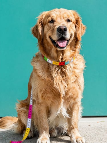 A happy golden retriever sitting calmly while a colorful soft measuring tape gently wraps around its chest, bright daylight, teal background.