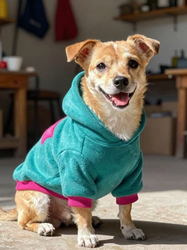 Bright eye-level portrait of a happy small dog wearing a colorful handcrafted teal hoodie, sitting in a sunlit workshop in Celaya, soft natural light, 50mm lens